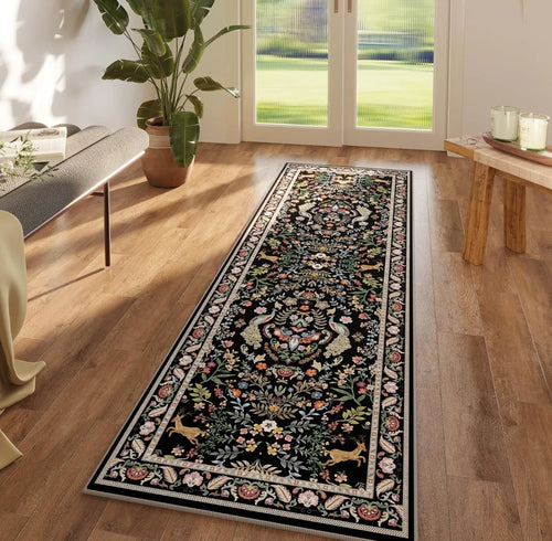 Elegant Black Floral Long Runner Rug
