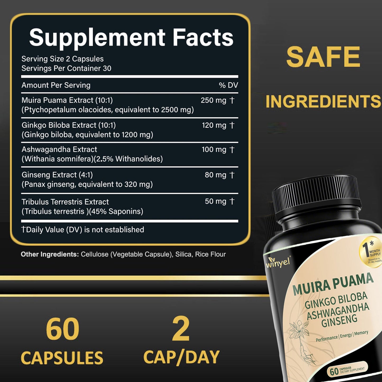 Muira Puama Ginseng Ashwagandha Ginkgo Tribulus  Herbal Supplements