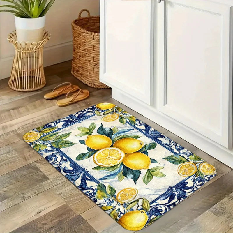 VIKAMA Lemon Floral Kitchen Rug