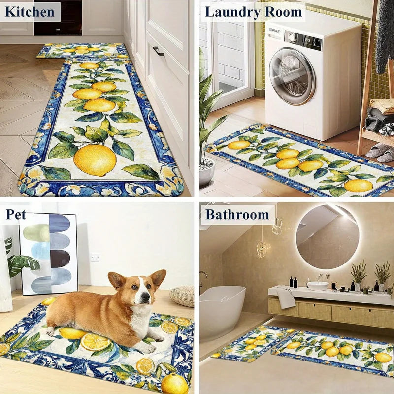 VIKAMA Lemon Floral Kitchen Rug