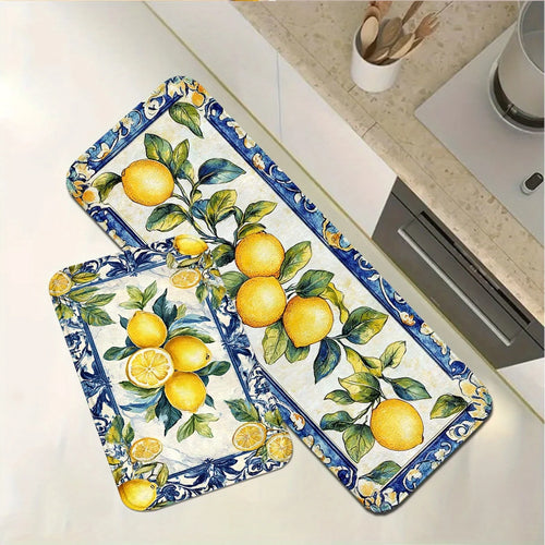 VIKAMA Lemon Floral Kitchen Rug