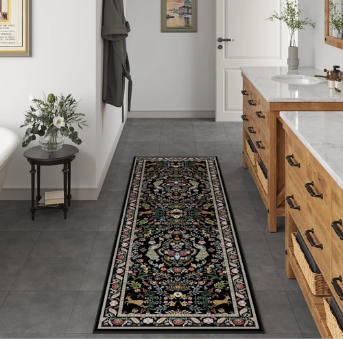 Elegant Black Floral Long Runner Rug