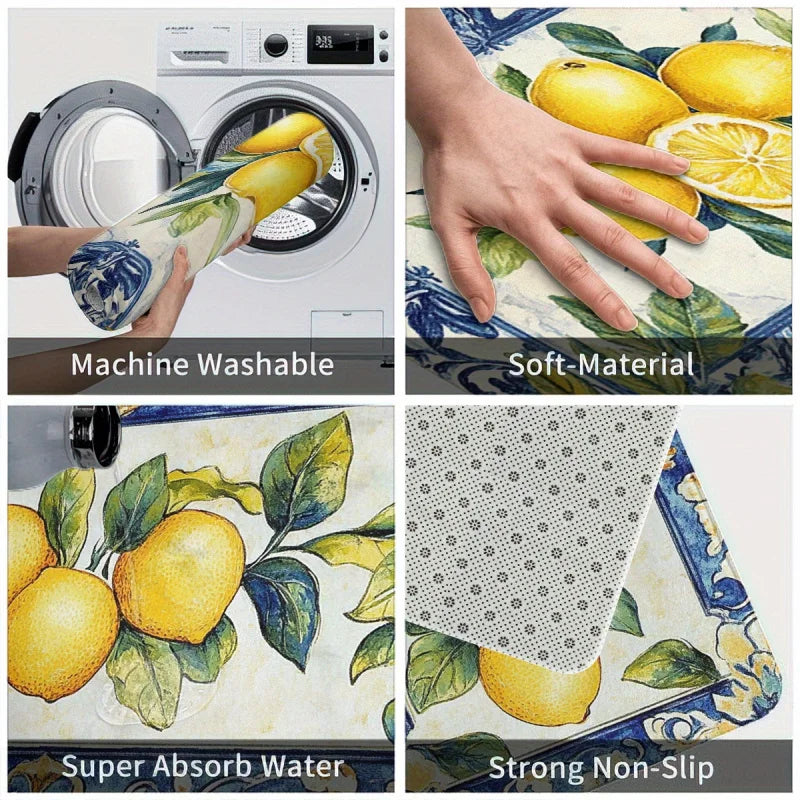 VIKAMA Lemon Floral Kitchen Rug
