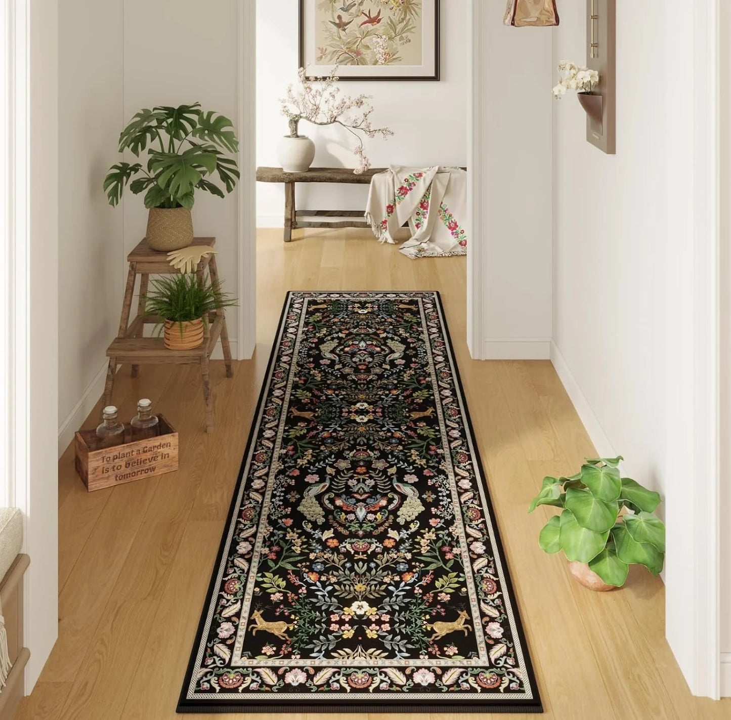 Elegant Black Floral Long Runner Rug