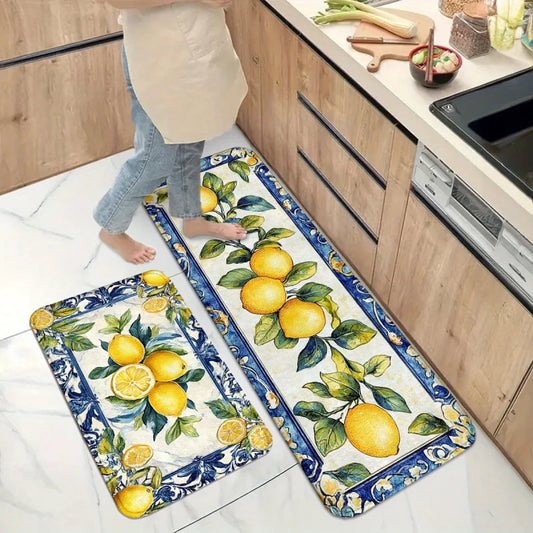 VIKAMA Lemon Floral Kitchen Rug