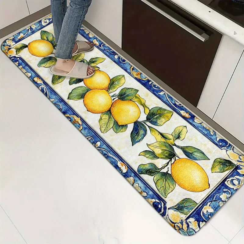 VIKAMA Lemon Floral Kitchen Rug