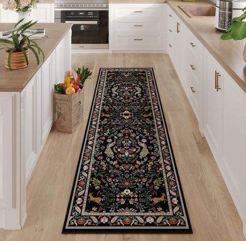 Elegant Black Floral Long Runner Rug