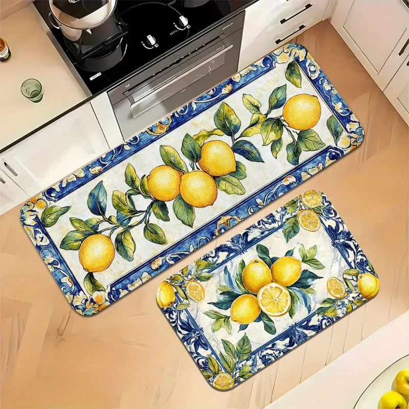 VIKAMA Lemon Floral Kitchen Rug